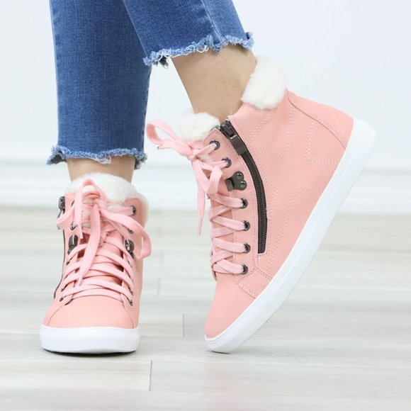 Pink Fashion High Tops Sneakers Shoes Fuzzy Ankle - Picture 9 of 11